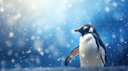  a penguin standing in the snow with snow flakes on it's back and a blue sky in the background.