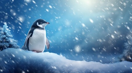 Fototapeta premium a penguin sitting on top of a pile of snow next to a pine tree with snow falling down on it.