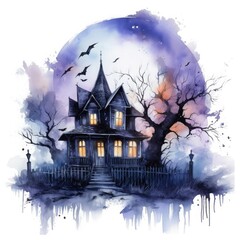 Fototapeta na wymiar Spooky and mysterious Halloween watercolor design on a white background, a haunted house moonlit night, and eerie shadows, Watercolor illustration
