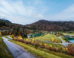 Alpine Isar river and Isarbrucke bridge view from Sylvenstein Stausee damm , Bavaria, Germany....