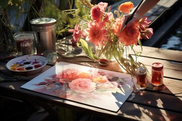 Naklejka na ściany i meble Water colour painting of flowers, outdoor activity setup, AI generated image