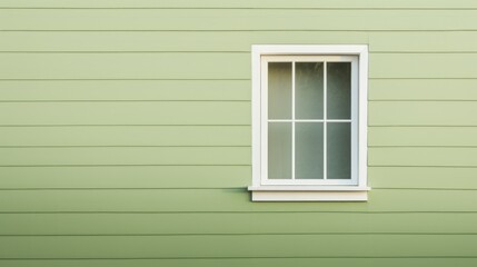Fototapeta premium a green house with a white window and a white trim on the side of the house and a red fire hydrant in front of the window.