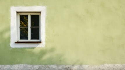  a window on the side of a green wall with a tree in the window and a shadow of a tree in the window.