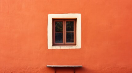  a bench in front of a red wall with a window and a bench in front of a red wall with a bench in front of it.