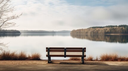 Fototapeta na wymiar a bench sitting in front of a body of water with a tree in the foreground and a body of water in the background.