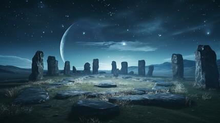 a rocky landscape with a moon in the sky - obrazy, fototapety, plakaty