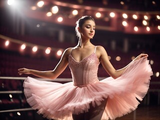 Fototapeta premium A beautiful young female ballet dancer in tutu white and pink dress dancing on theater stage with magic lights. 
