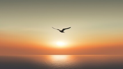 Fototapeta na wymiar a bird flying over a body of water with the sun setting in the background and a bird flying over the water with the sun setting in the background.