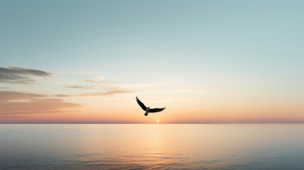  a bird flying over a body of water with the sun setting in the distance in the distance in the distance is a body of water with a large body of water and a bird in the foreground.