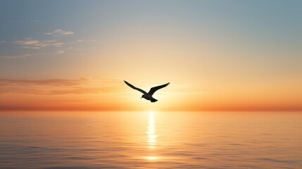  a bird flying over a body of water with the sun setting in the sky above the water and behind it is a large body of water with a bird flying in the foreground. - obrazy, fototapety, plakaty