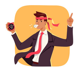 Business team leader man working. Businessman manager person cartoon character with whistle and timer leading and motivating employees teamwork. Leadership, motivation concept flat vector illustration