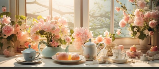 Fototapeta na wymiar In the vintage-inspired interior of her home, a light-filled room showcased a white table adorned with a glass vase filled with spring flowers, while a coffee cup rested on the tabletop. The floral