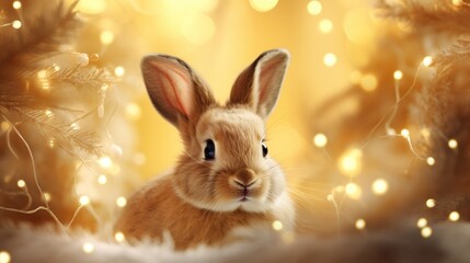  a close up of a rabbit in front of a blurry background with lights and a boke of lights.