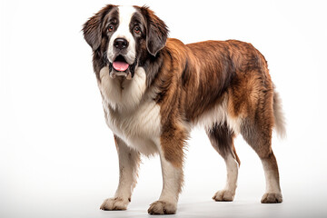 Fototapeta premium Saint Bernard dog standing on a white background. Animal left-side portrait.