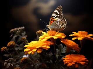 Obraz premium Exquisite Capture: A Stunning Brown and Orange Butterfly Rests on an Orange Blossom Generative AI