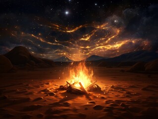 Starry Night Embrace: An Enthralling Glimpse of a Desert Campfire Under a Sky Full of Stars Generative AI