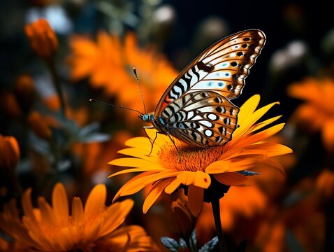 Captivating Moment: Stunning Brown & Orange Butterfly Rests on an Orange Generative AI