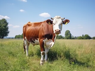 Captivating Serenity: An Exquisite Snapshot of a Lone Cow Grazing in a Verdant Field Generative AI