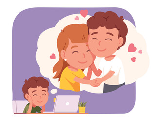 Boy dreaming about love and date with girl. Man person dating online sitting at desk with laptop. Couple romance, distance relationship, virtual communication concept flat vector illustration
