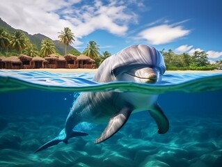 Fototapeta premium Experience the Underwater Magic: Captivating Sight of a Dolphin Swimming in Crystal Clear Sea Generative AI