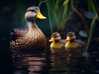 Obraz premium Unseen Elegance: An Intimate Glimpse into the Secret Lives of Pond Ducks Generative AI