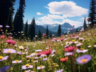 Discover the Untamed Beauty: A Serene Field of Wildflowers in the Mountains Generative AI