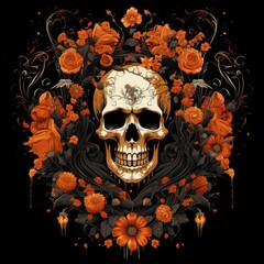 Ghost skeleton t-shirt design, spiderwebs and autumn flowers with skeleton