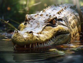 Obraz premium Behemoth in Solitude: Remarkable Glimpse of a Massive Alligator Lounging in the Water! Generative AI
