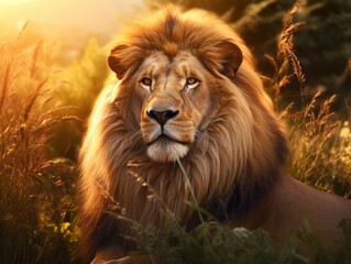 Fototapeta premium Encounter with a Majestic King: A Closer Look at a Magnificent Lion in His Natural Habitat Generative AI