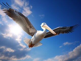 Fototapeta na wymiar Spectacular Mid-flight Pelican Journey Under the Radiant Sun: Capturing Nature's Beauty - Picture 3 Generative AI