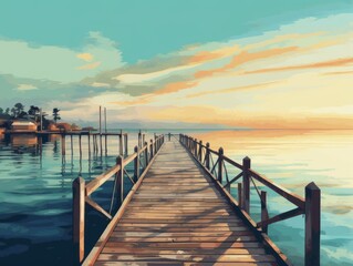 Fototapeta premium Sunny Serenity: The Captivating Journey Across a Lakeside Pier Generative AI