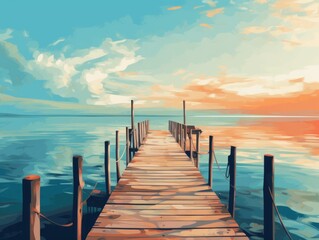 Obraz premium Sunlit Pathway: The Pier's Majestic Journey across Serene Waters Generative AI