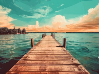 Obraz premium Sun-Kissed Tranquility: The Majestic Pier Extending Across A Serene Lake Generative AI