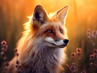 Fototapeta premium Spectacular Sundown: Striking Snapshot of a Crimson Fox Amidst Verdant Grass Generative AI