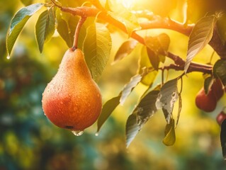Savor the Freshness: A Single Ripe Pear Defies Gravity on a Lush Orchard Tree Generative AI