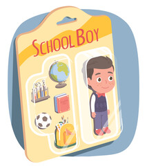 School boy toy set in blister card packaging. Toy schoolboy kid and backpack, ball, books accessories in plastic pack. Child game activity, childhood development, education flat vector illustration