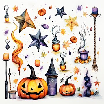 Watercolor Halloween elements set on white background, with smiling jack-o'-lanterns, candy corn, witches' brooms, and colorful stars