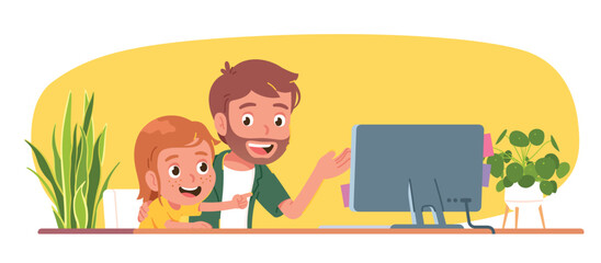 Fototapeta premium Father teaching daughter child using computer. Parent man person explain to girl kid computer technology or surf Internet together. Education, learning, family, parenting flat vector illustration