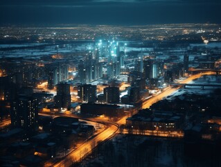 Obraz premium Stunning Bird's-Eye View: City Lights Ignite the Night from Above Generative AI