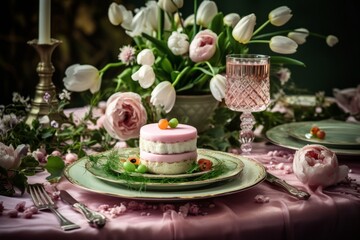 Fototapeta premium Immerse Yourself in the Perfect Easter Dinner Experience Amongst Tulips Generative AI