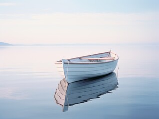 Naklejka premium Majestic Solitude: Discover the Serenity of a Lone Rowboat Adrift in Tranquil Waters Generative AI