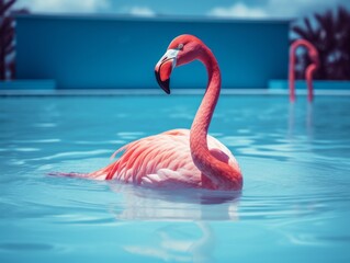 Captivating Splash of Pink: A Striking Flamingo Graces a Pool Generative AI