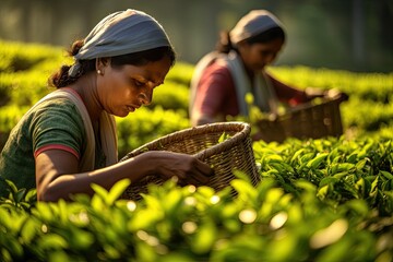 A group of female tea pickers in colorful dresses, capturing the essence of agricultural culture in a tropical tea plantation. - obrazy, fototapety, plakaty