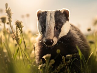 Sun-kissed Solitude: A Stunning Glimpse of a Badger Amidst the Vibrant Green Grass Generative AI