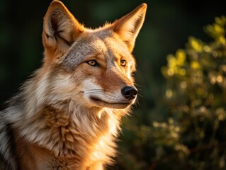 Fototapeta premium Stunning Portrayal of a Coyote Bathing in Golden Sunlight: A Visual Feast Generative AI