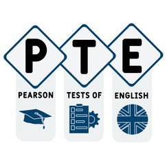 PTE - pearson tests of English acronym. business concept background. vector illustration concept with keywords and icons. lettering illustration with icons for web banner, flyer, landing pag