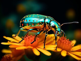 Vivid Encounter: The Lush Dance of a Bright Green Beetle on a Blossom Generative AI