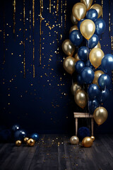 Birthday, new year celebration background. blue and gold balloons celebrate backdrop balloons. AI
