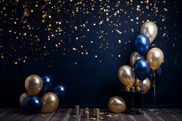 Birthday, new year celebration background. blue and gold balloons celebrate backdrop balloons. AI