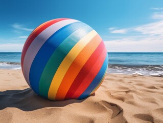 Experience Tropical Serenity: Vibrant Beach Ball Against Crystal Blue Seascape Generative AI